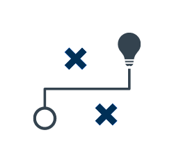 Open circle with line leading to a light bulb, with x's on both sides.